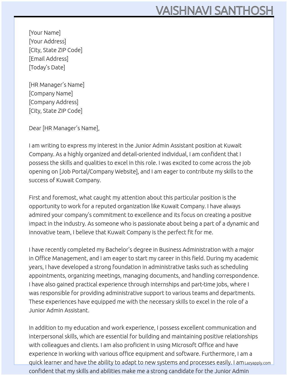 Junior Admin Assistant  At Kuwait Company Cover Letter