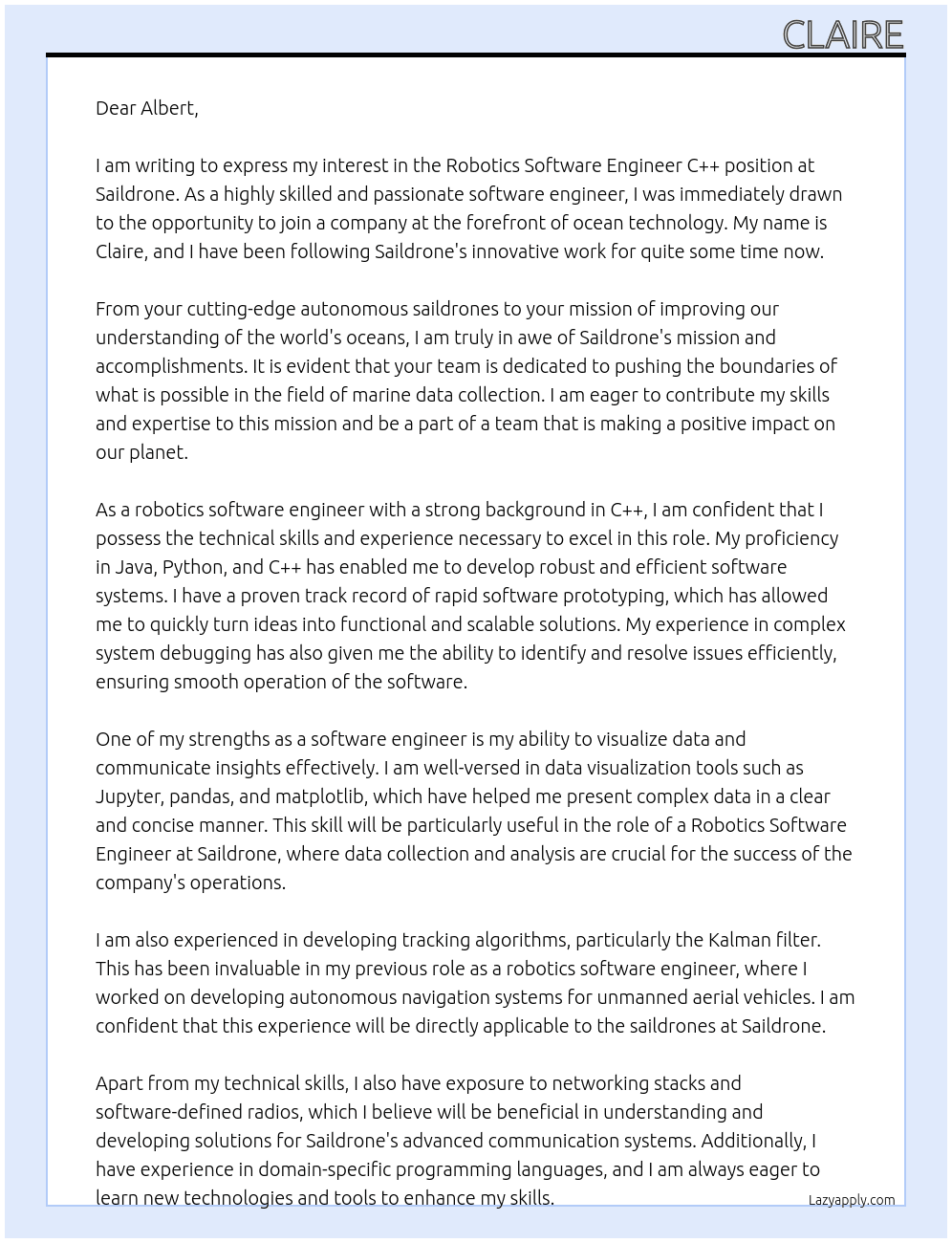 Robotics Software Engineer C++ At Saildrone Cover Letter
