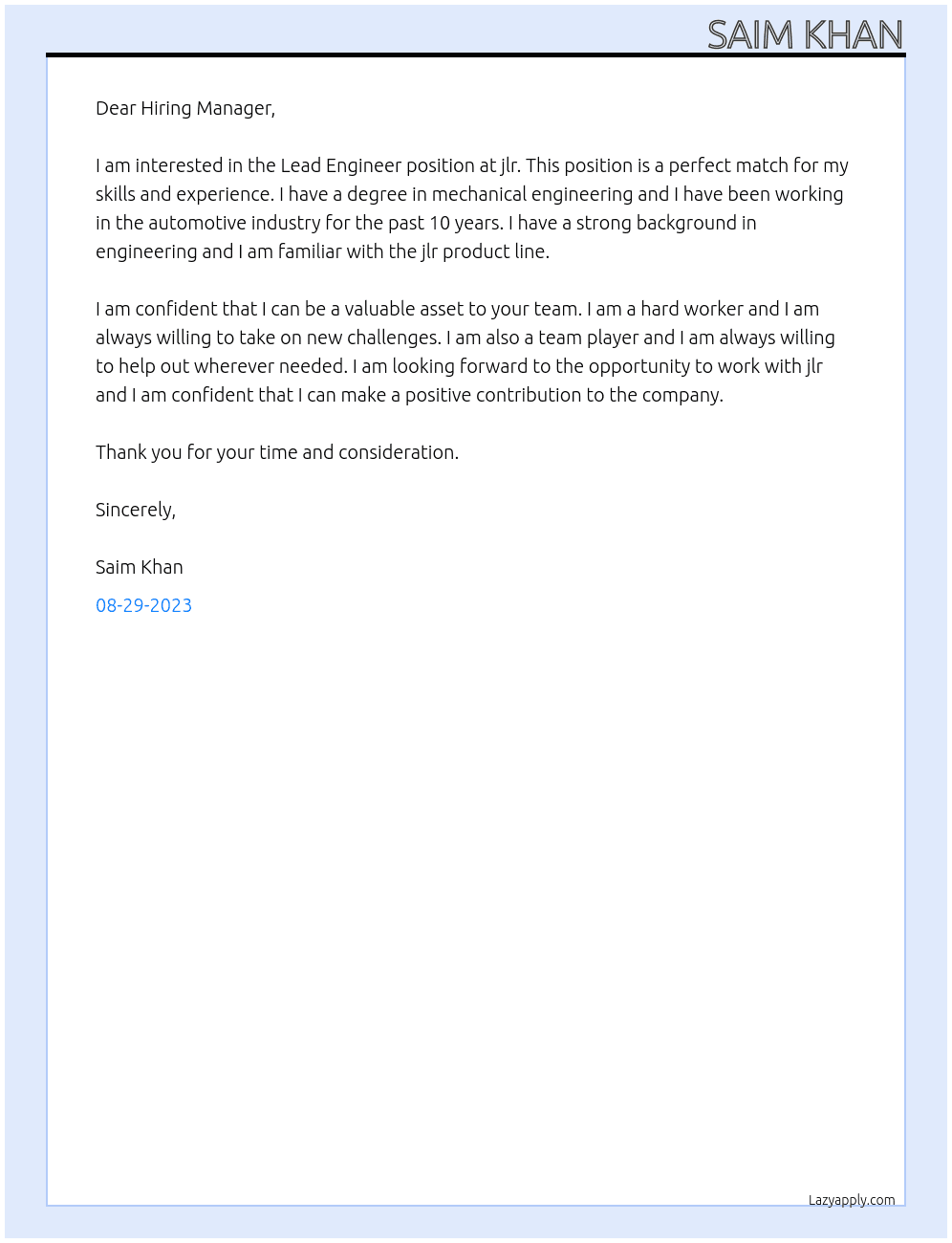 LEAD ENGINEER At jlr Cover Letter