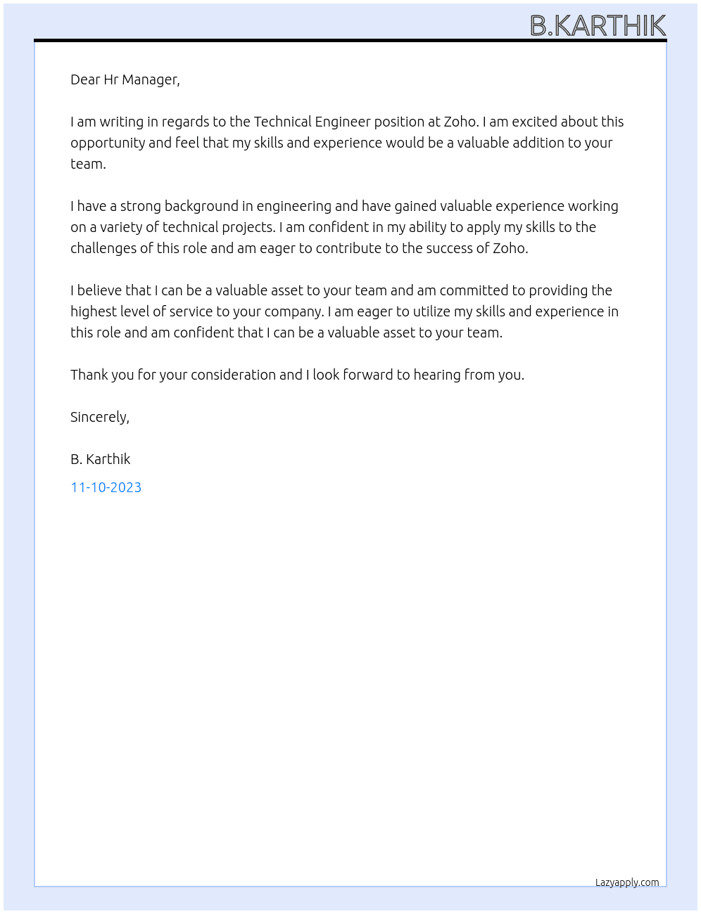 Technical engineer  At Zoho Cover Letter