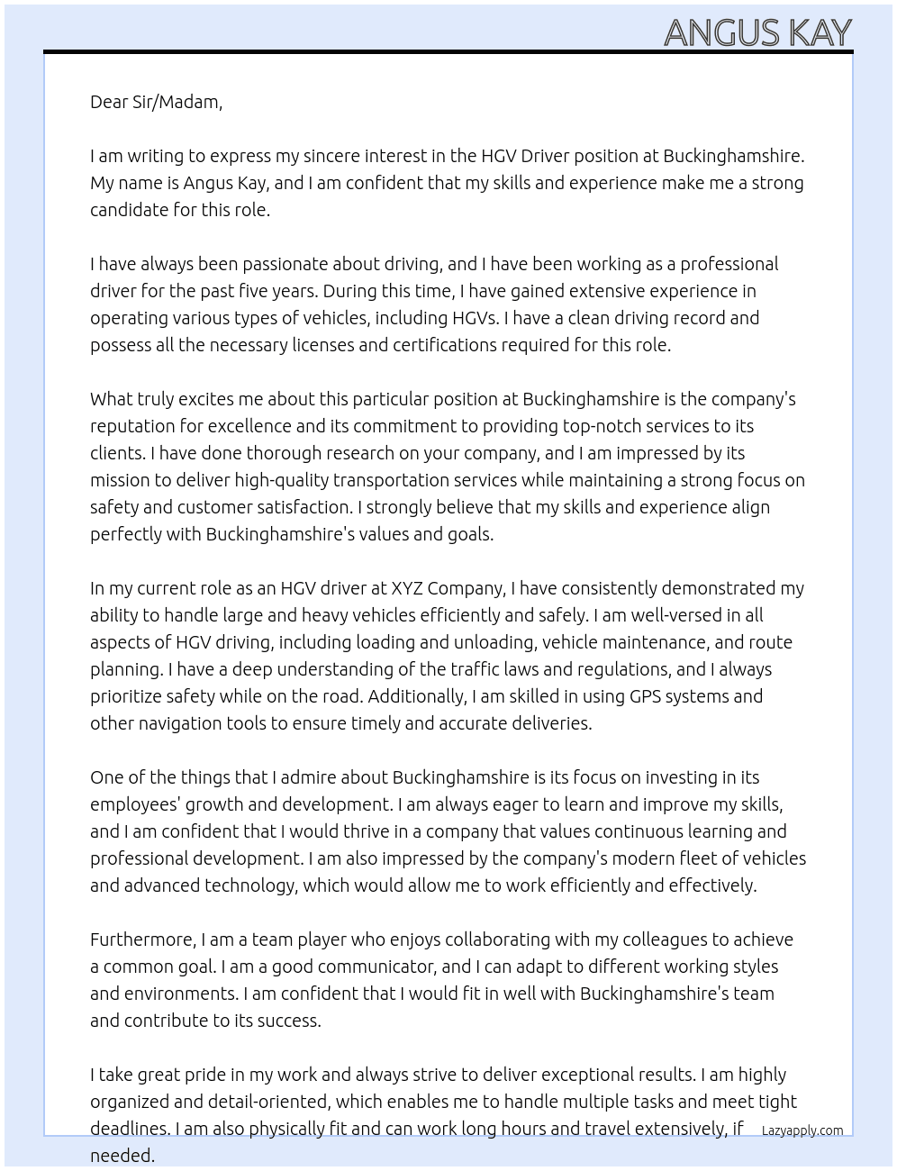 HGV Driver At Buckinghamshire Cover Letter