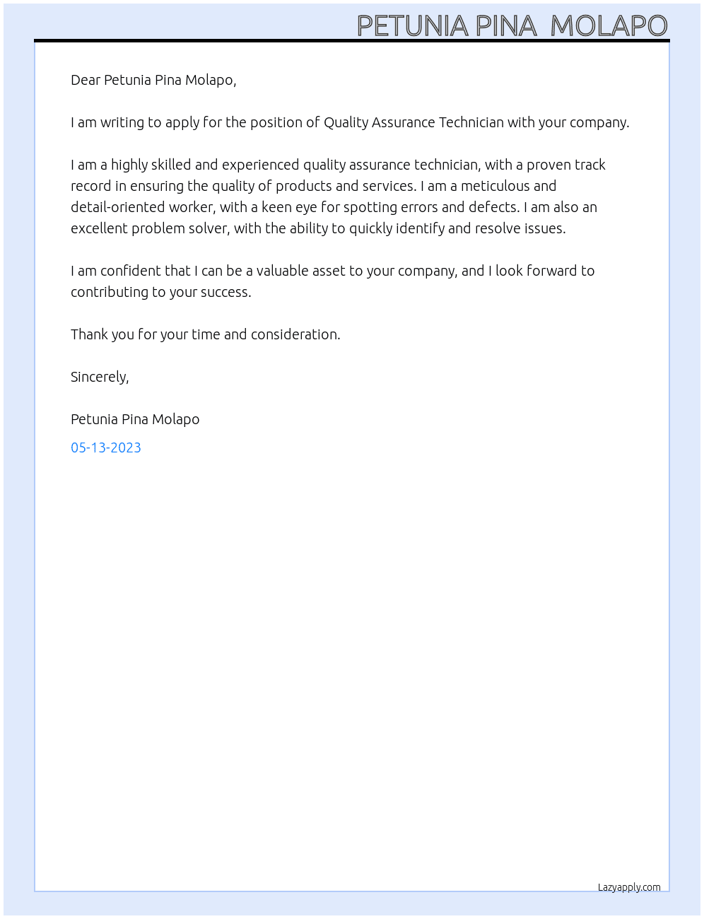 Quality Assurance Technician At Petunia Pina  Molapo Cover Letter