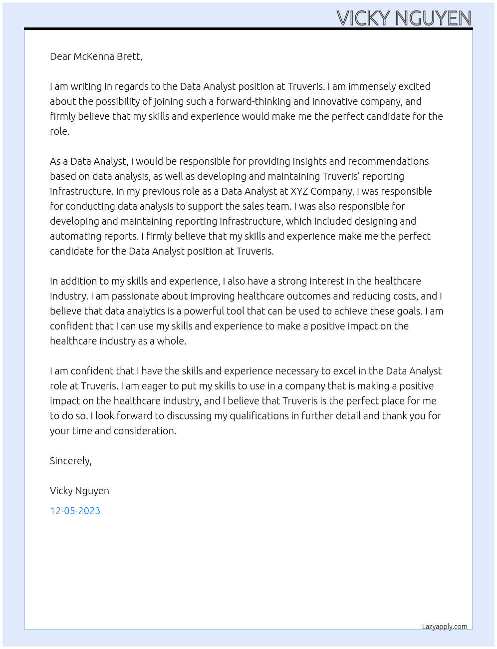 Data Analyst At Truveris  Cover Letter