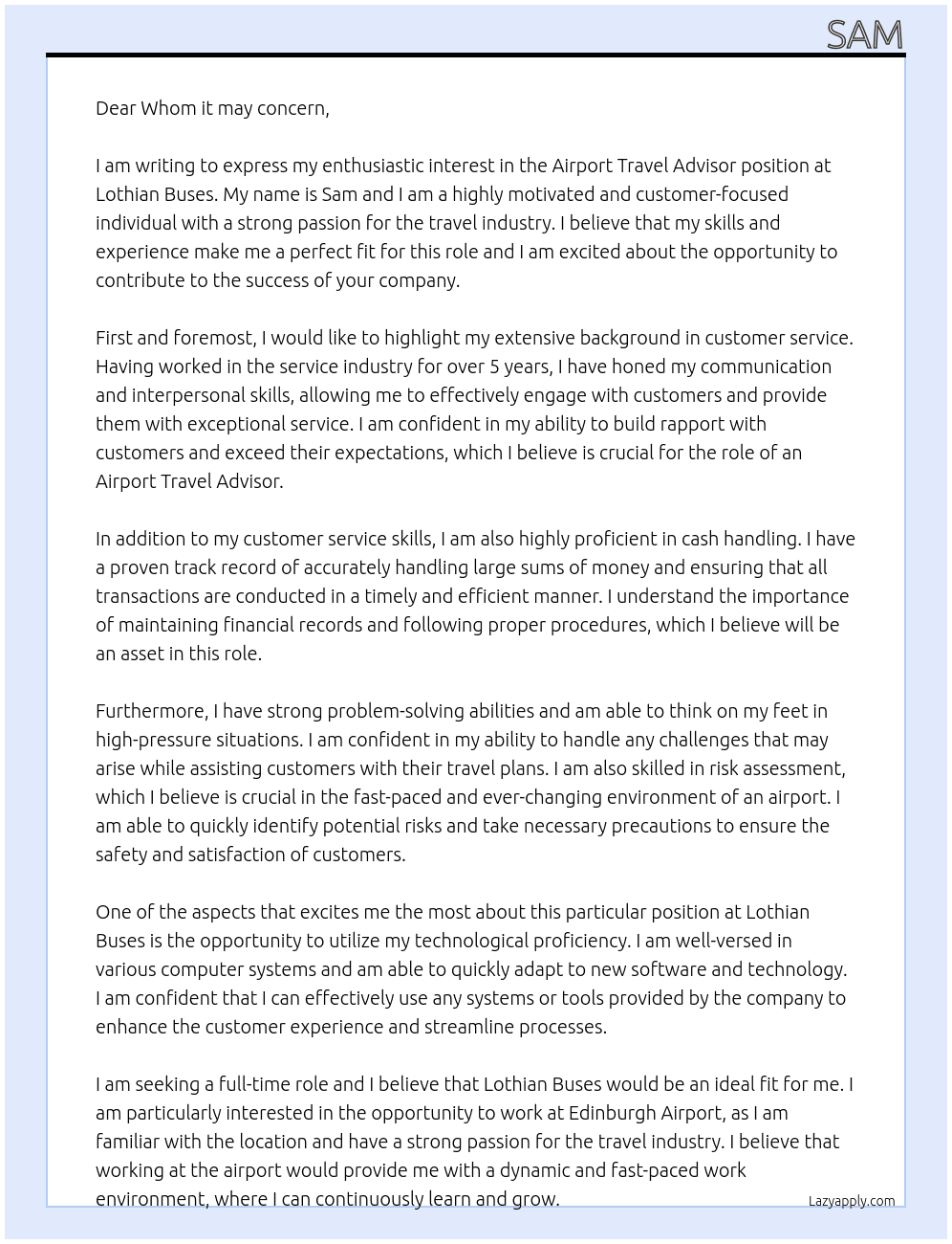 Airport Travel Advisor At Lothian Buses  Cover Letter