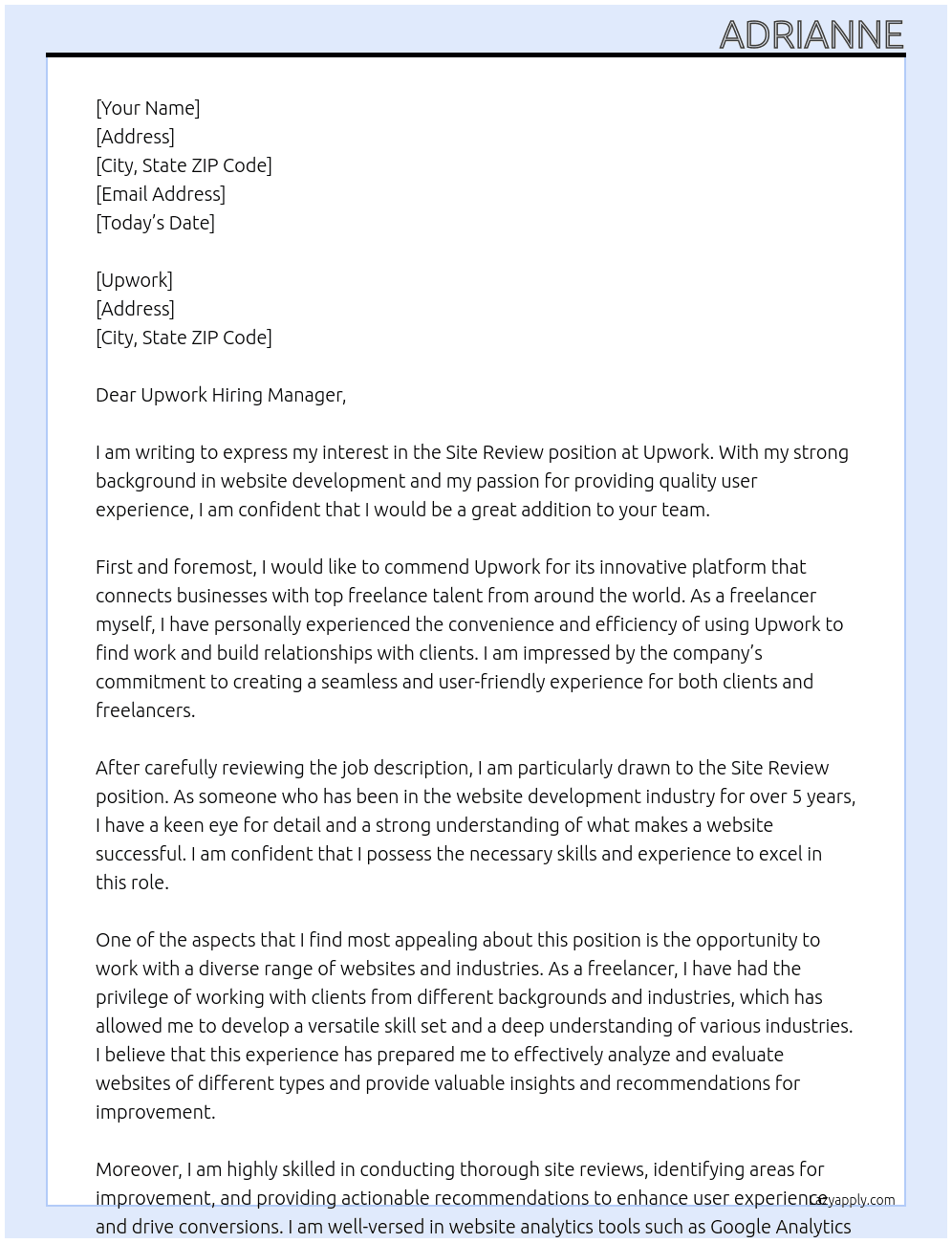 Cover letter for site review - LazyApply
