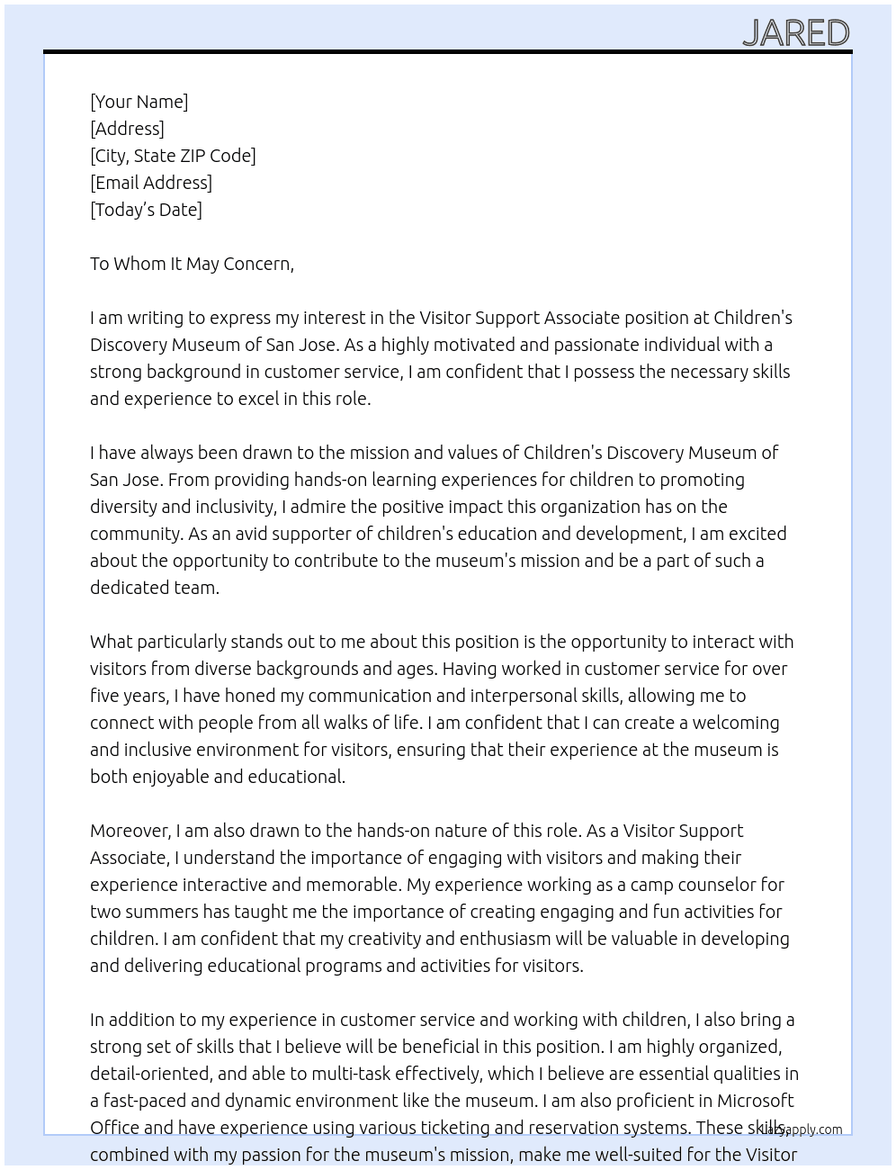 Visitor Support Associate At Children's Discovery Museum of San Jose Cover Letter