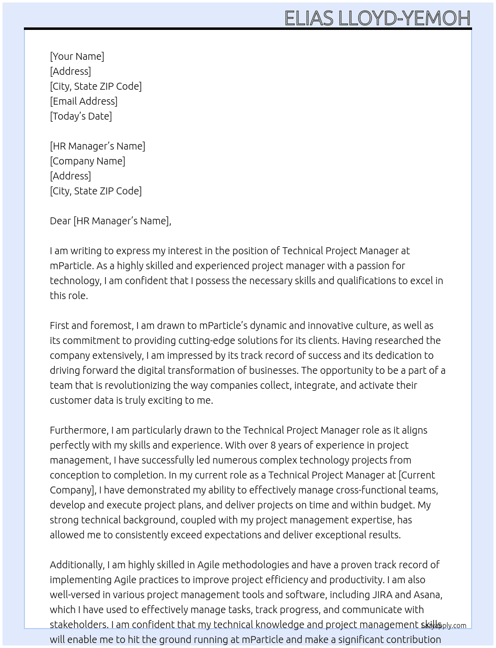 Technical Project Manager At mparticle Cover Letter