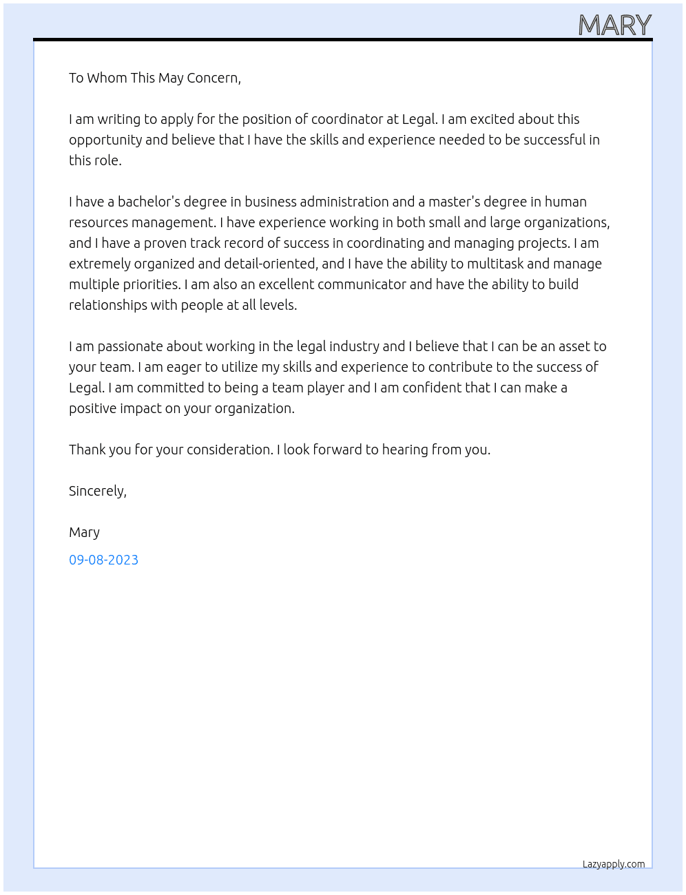 coordinator At Legal Cover Letter