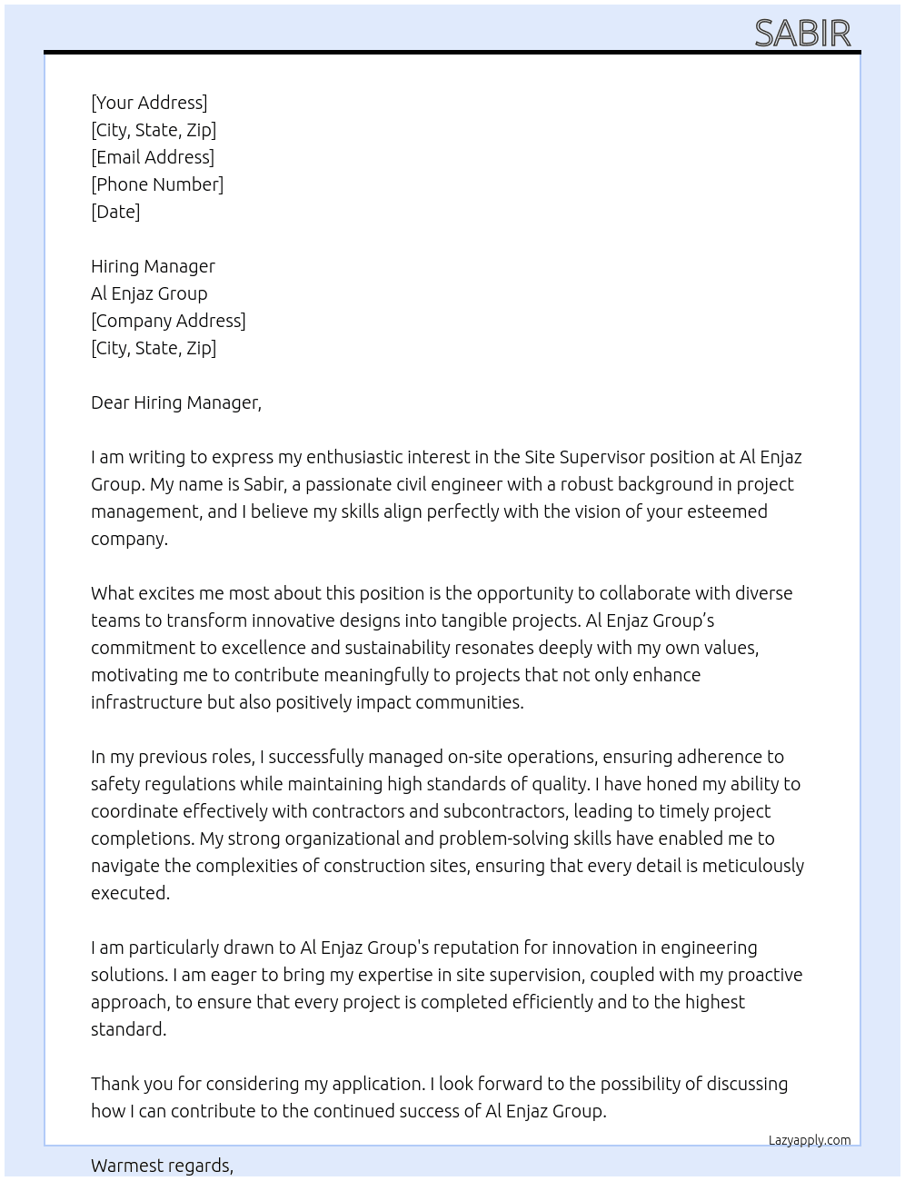 Cover letter for site supervisor - LazyApply
