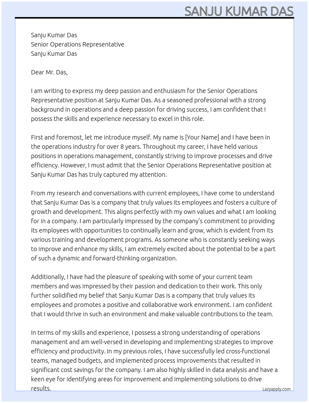 Seniorr Operations Representative At Sanju Kumar Das Cover Letter