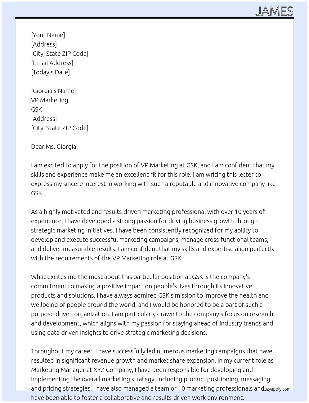 VP Marketing At GSK Cover Letter