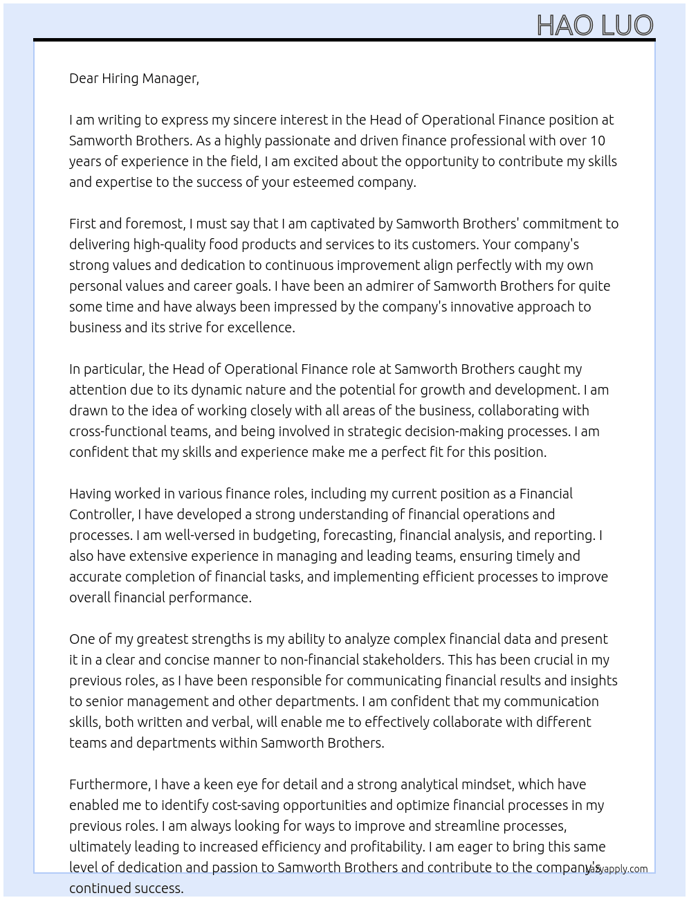 Head of Operational Finance At Samworth Brothers Cover Letter