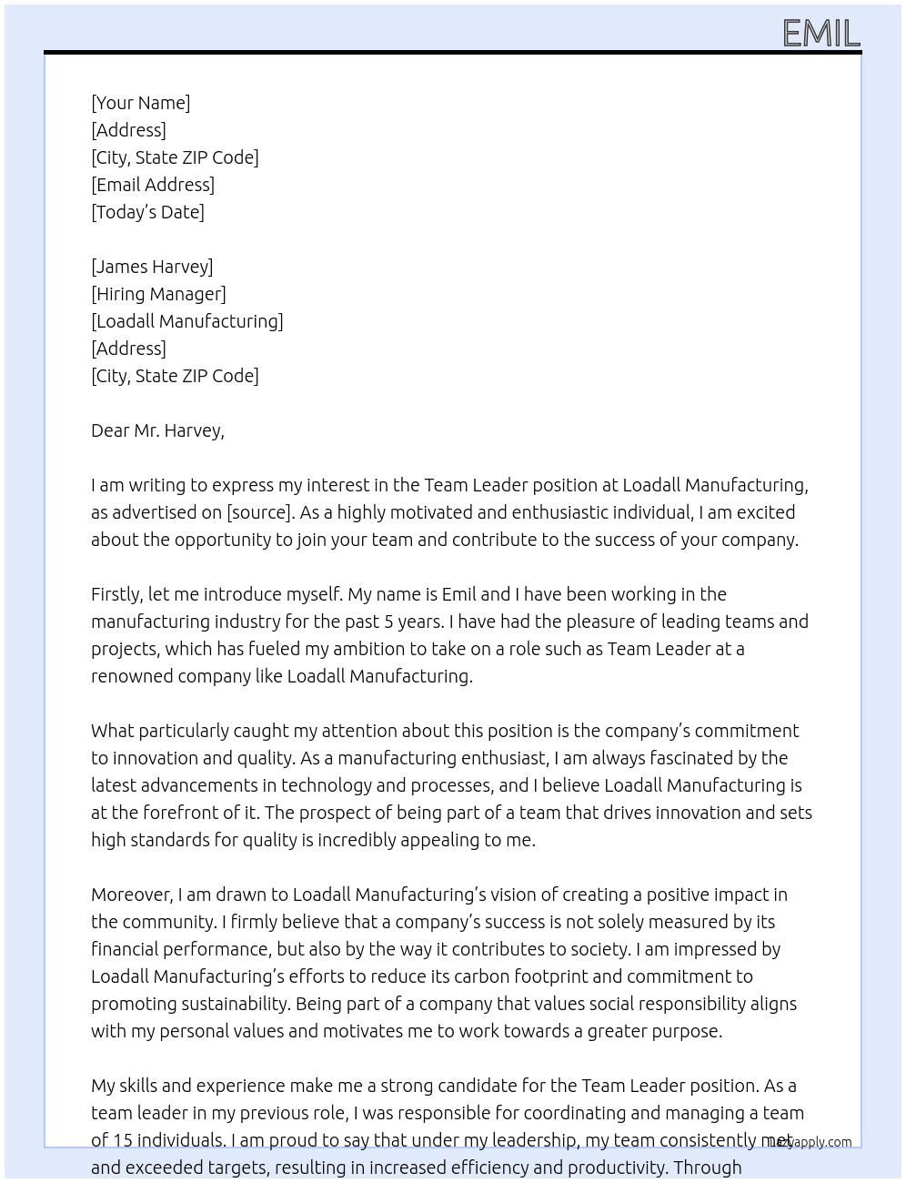 Team leader At Loadall Manufacturing Cover Letter