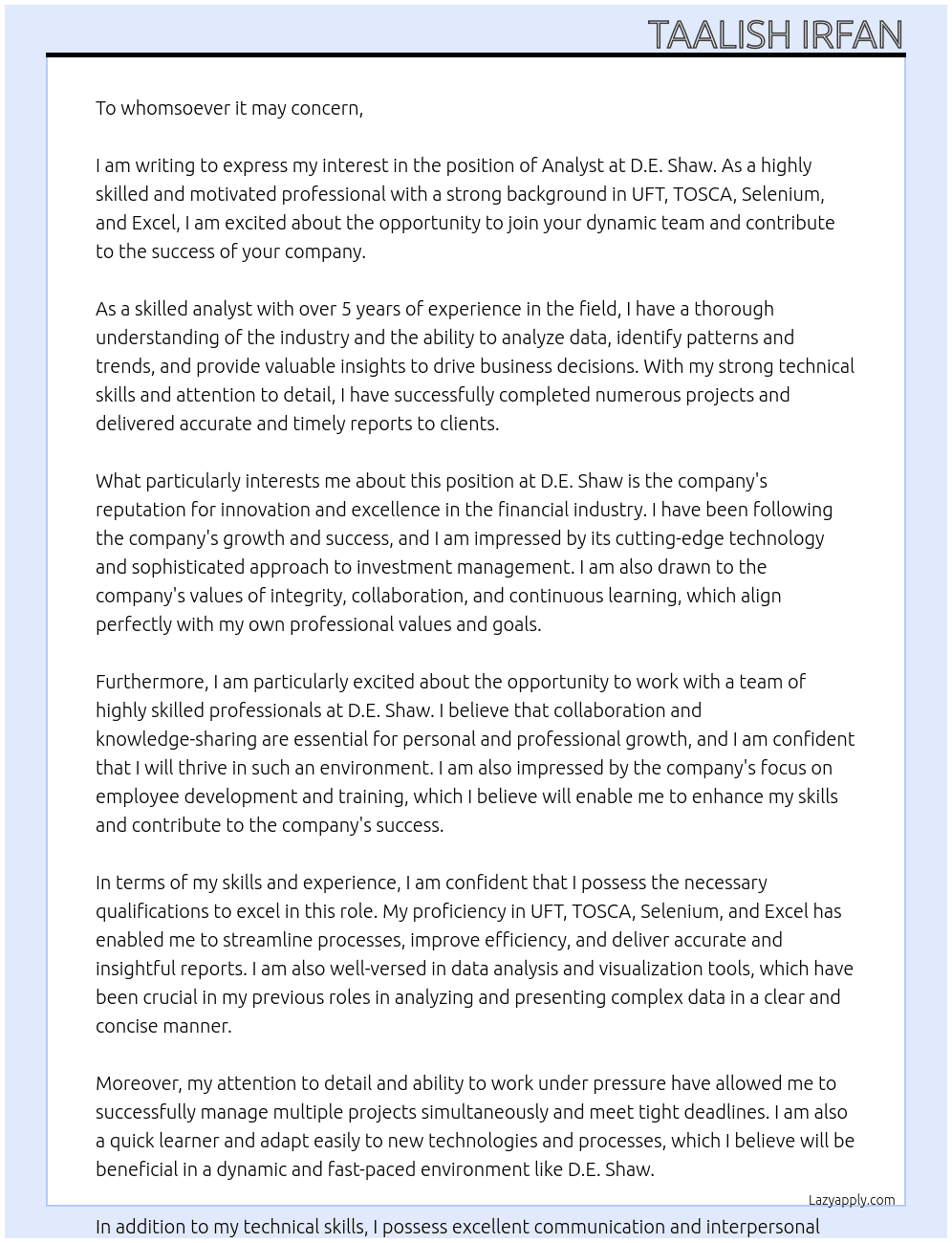Analyst At D.E. Shaw Cover Letter