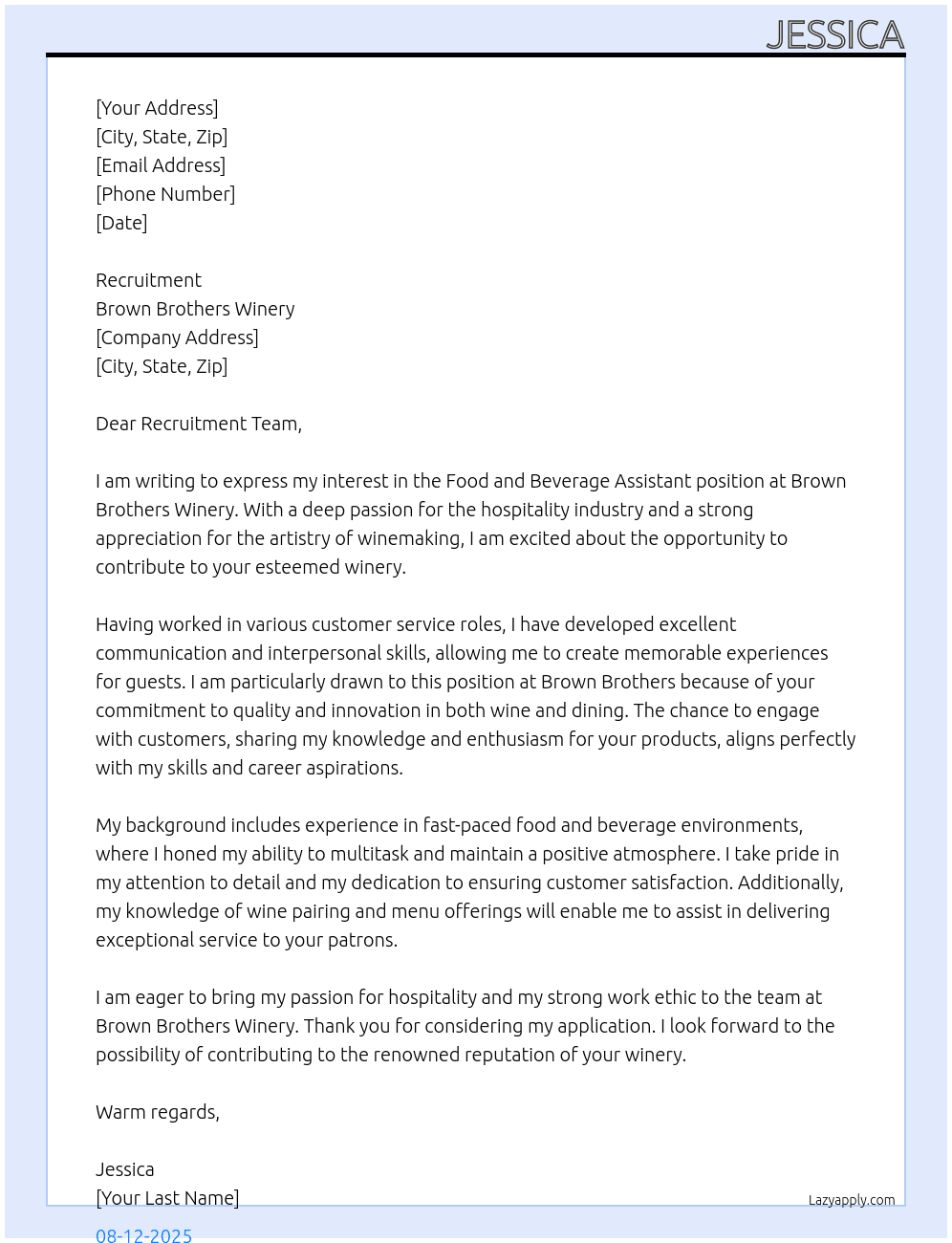 Food and beverage assistant At Brown Brothers Winery Cover Letter
