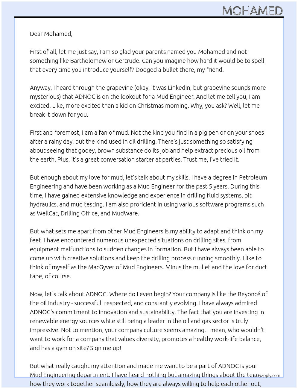 Mud Engineer At ADNOC Cover Letter