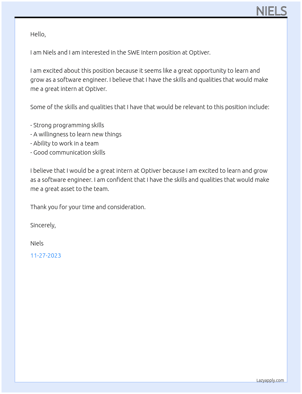 SWE Intern At Optiver Cover Letter