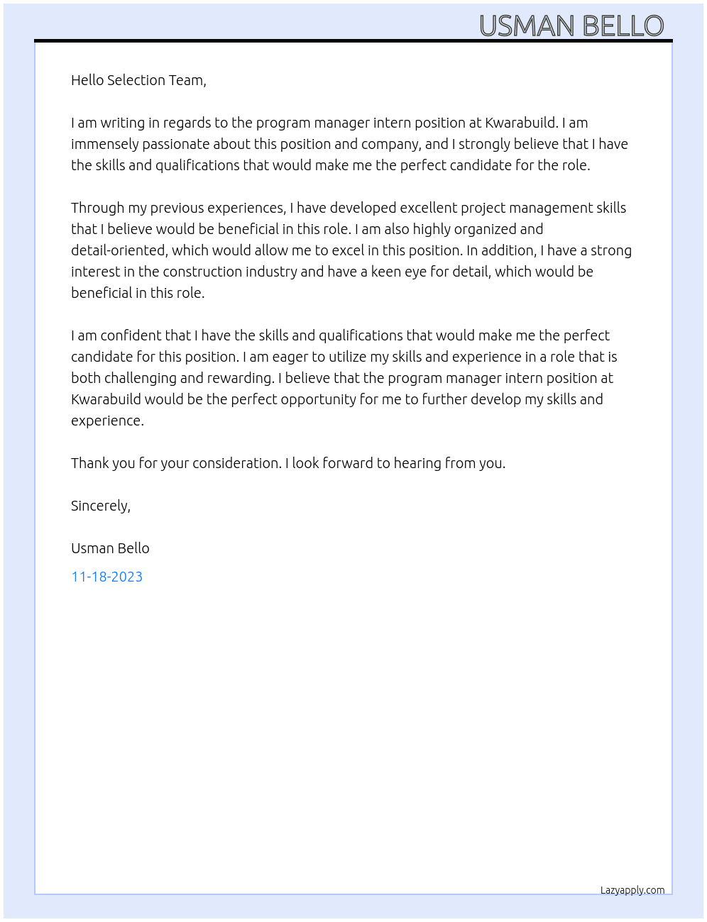 Program manager intern  At Kwarabuild Cover Letter