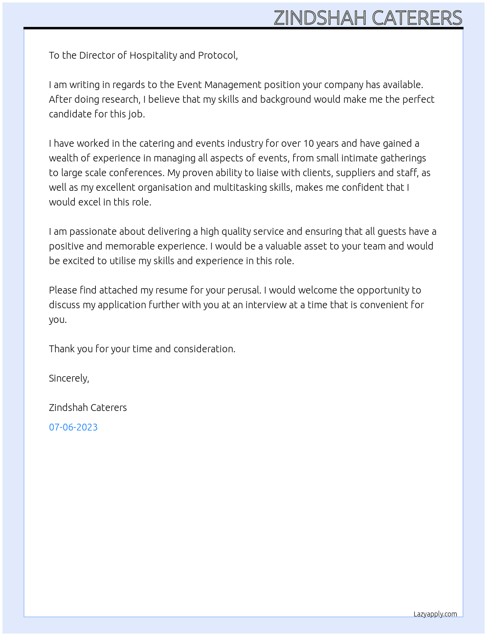 Event Managment company At Hospitality and Protocol Cover Letter