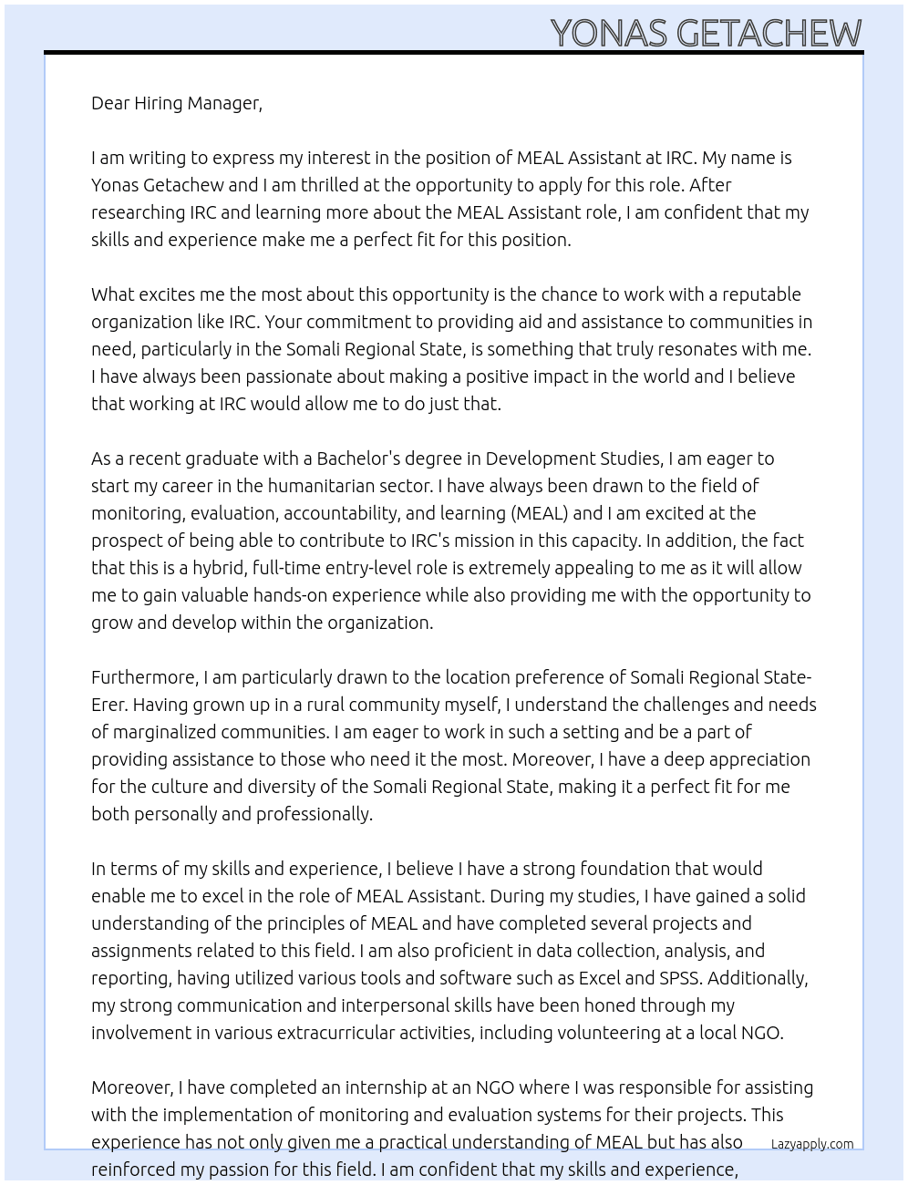 MEAL Assistant At IRC Cover Letter
