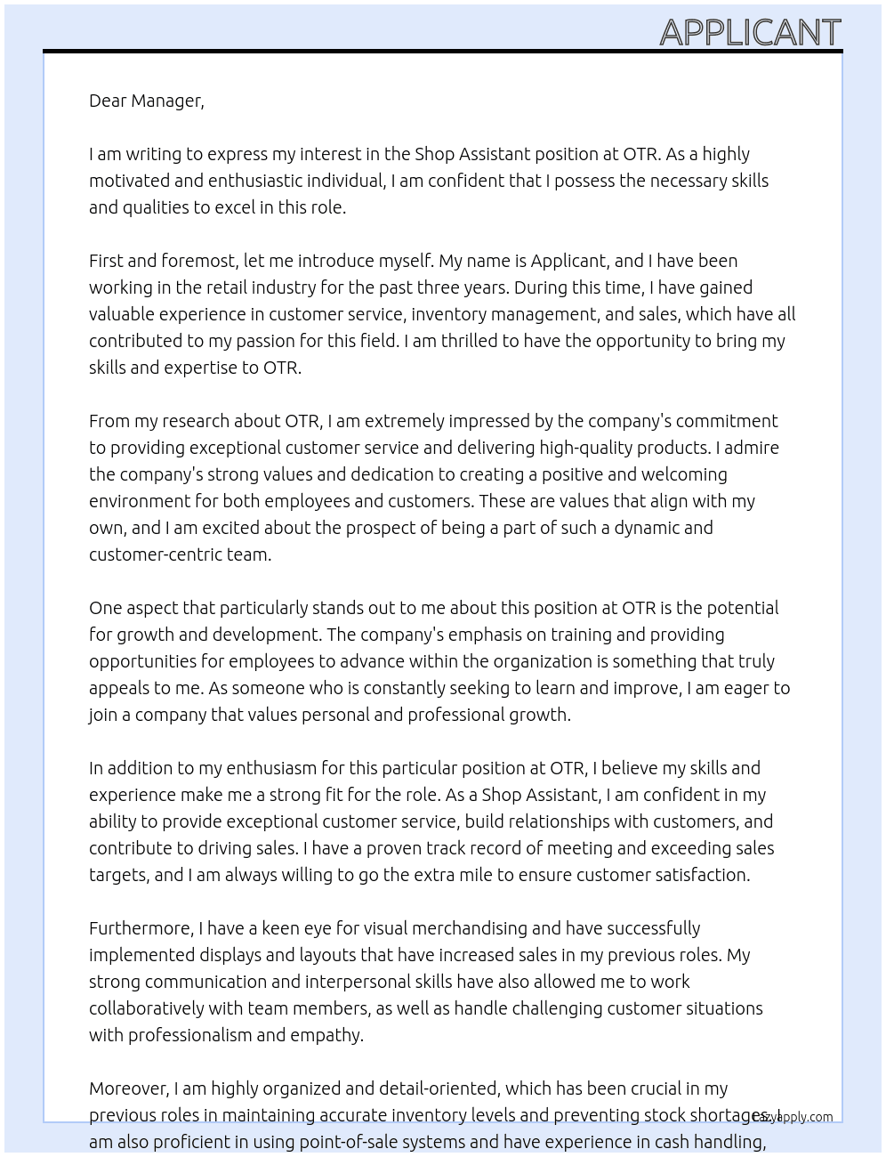 Shop Assistant At OTR Cover Letter