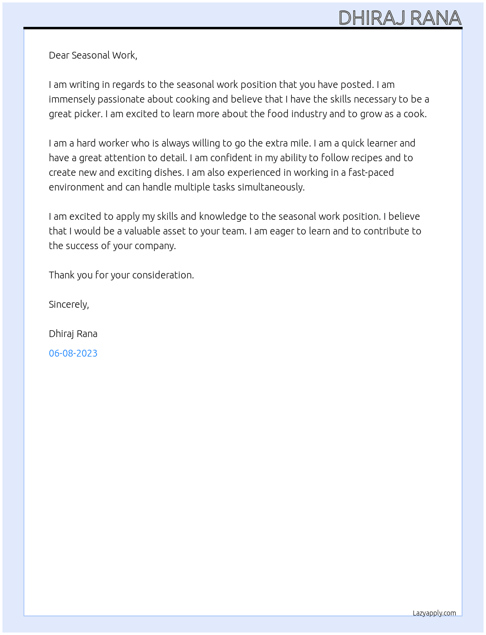 Seasonal work At Seasonal work Cover Letter