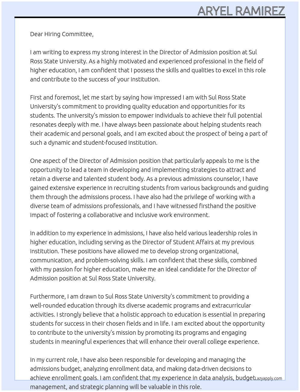 Director of Admission At Sul Ross State University Cover Letter
