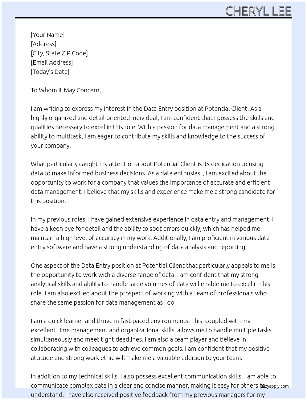 Data Entry At Potential Client Cover Letter