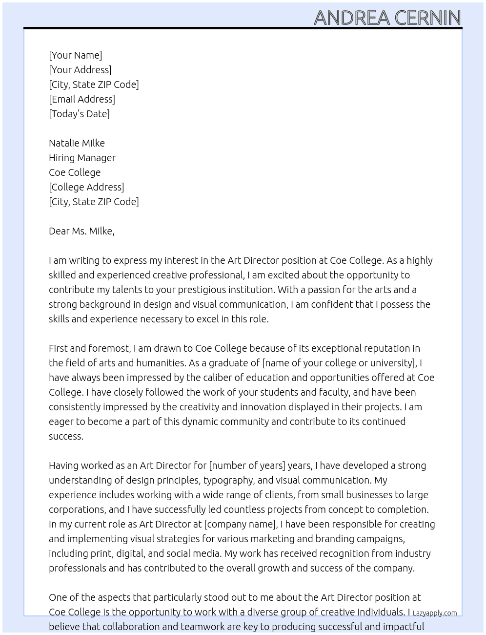 Art Director At Coe College Cover Letter