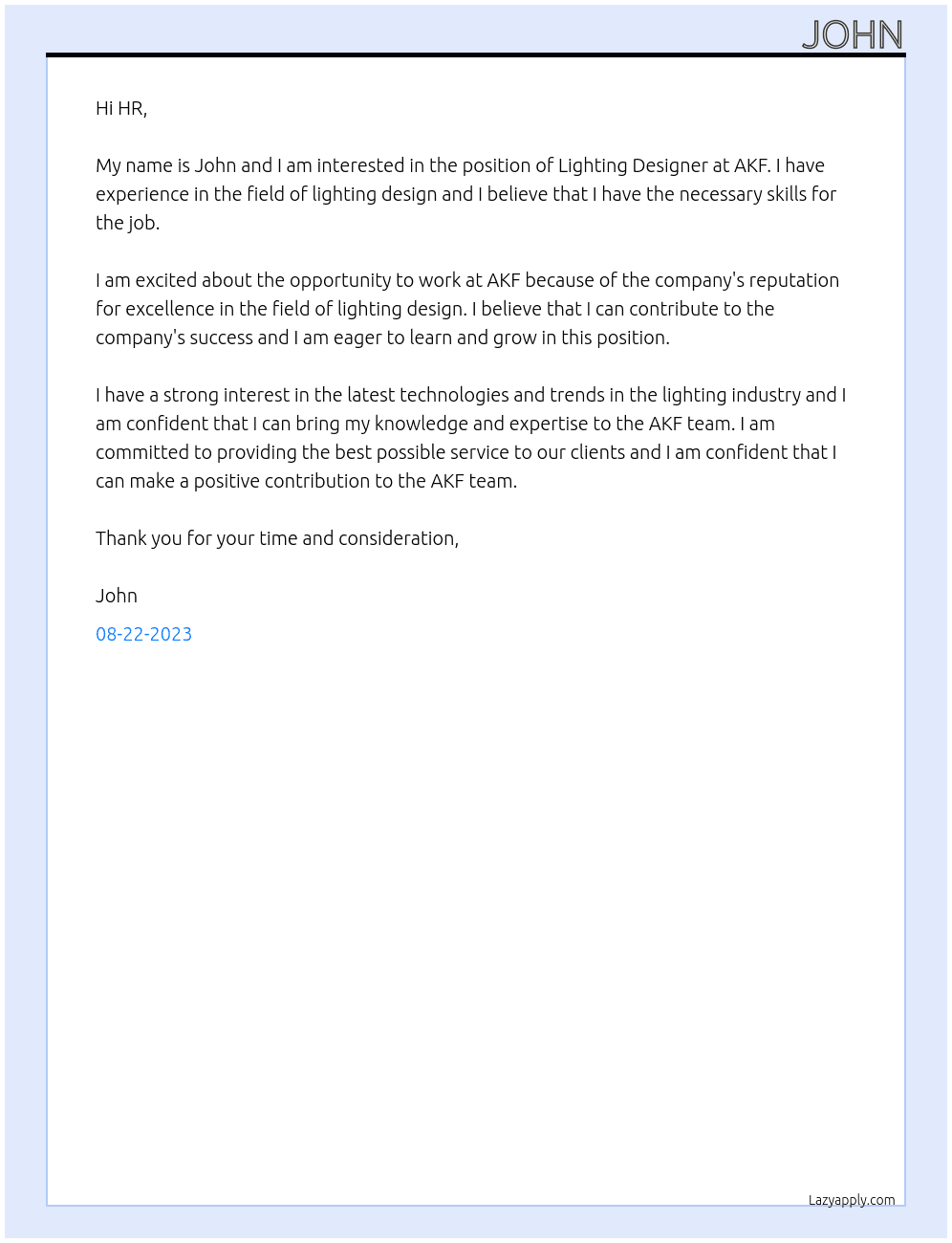 Lighting Designer At AKF Cover Letter