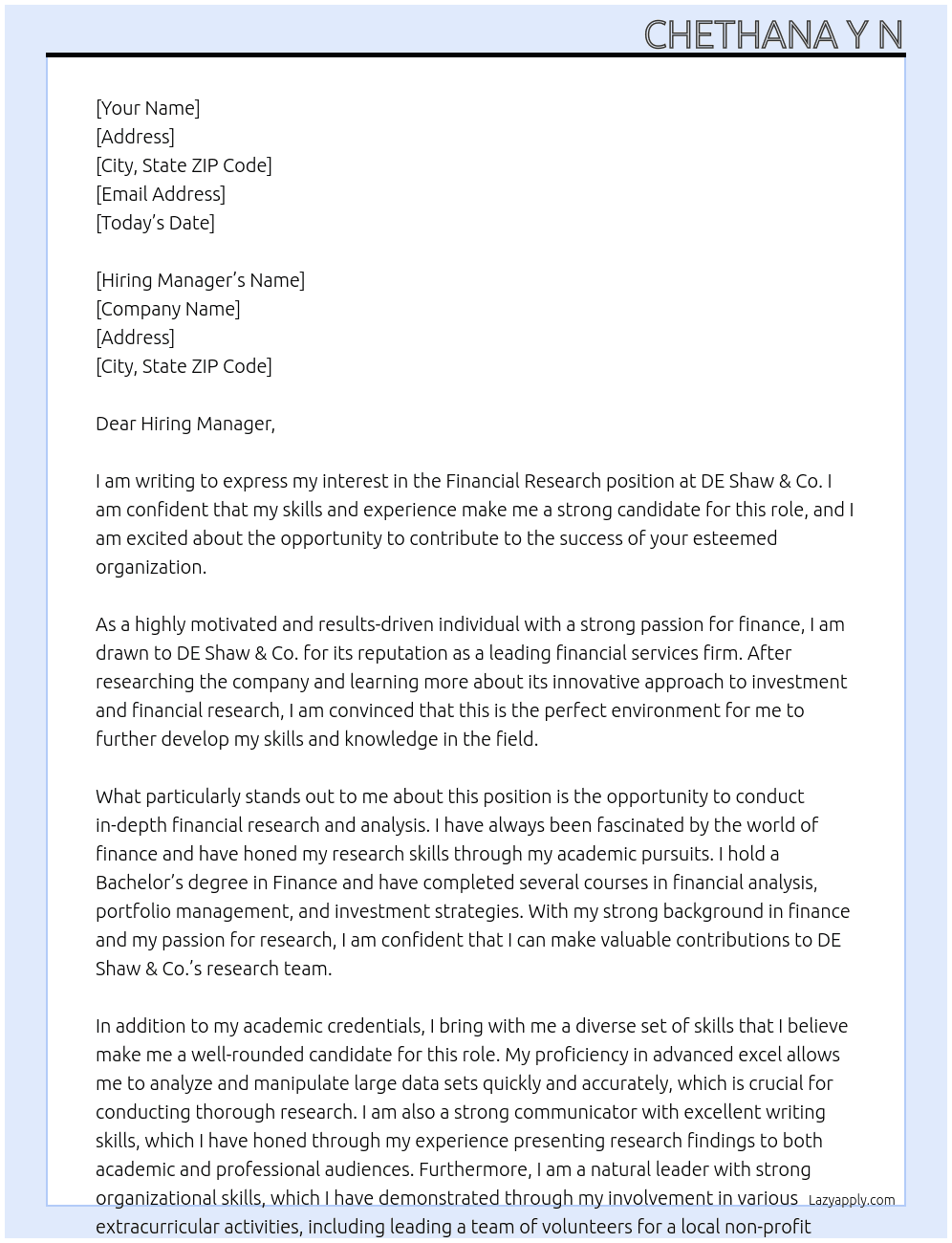financial research At DE Shaw & Co. Cover Letter