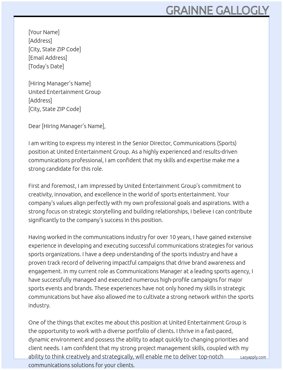 Senior Director, Communications (Sports) At united entertainment group Cover Letter
