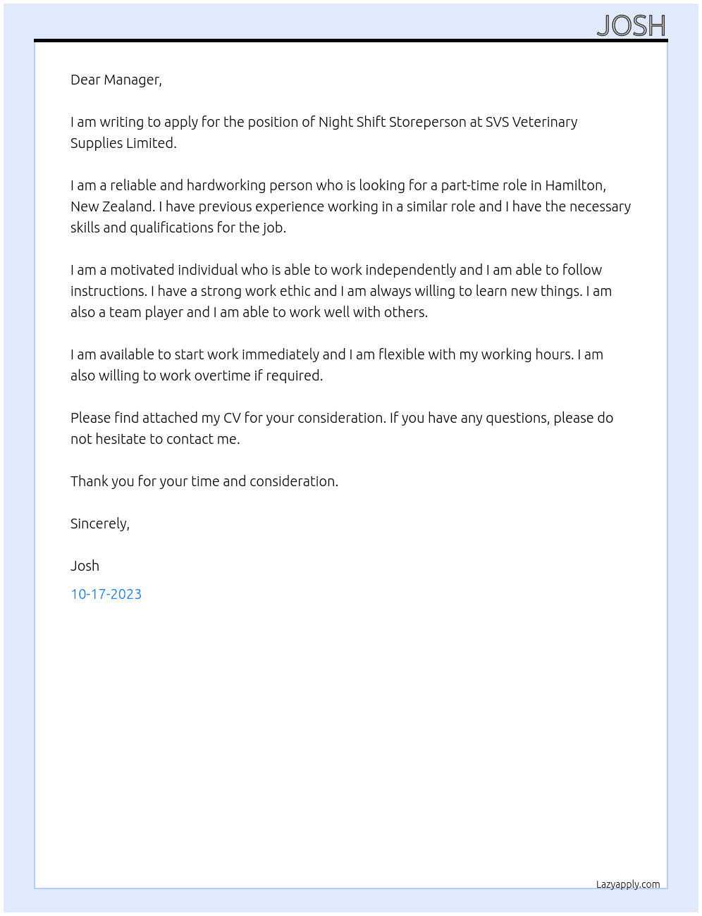 Night Shift Storeperson At SVS VETERINARY SUPPLIES LIMITED Cover Letter