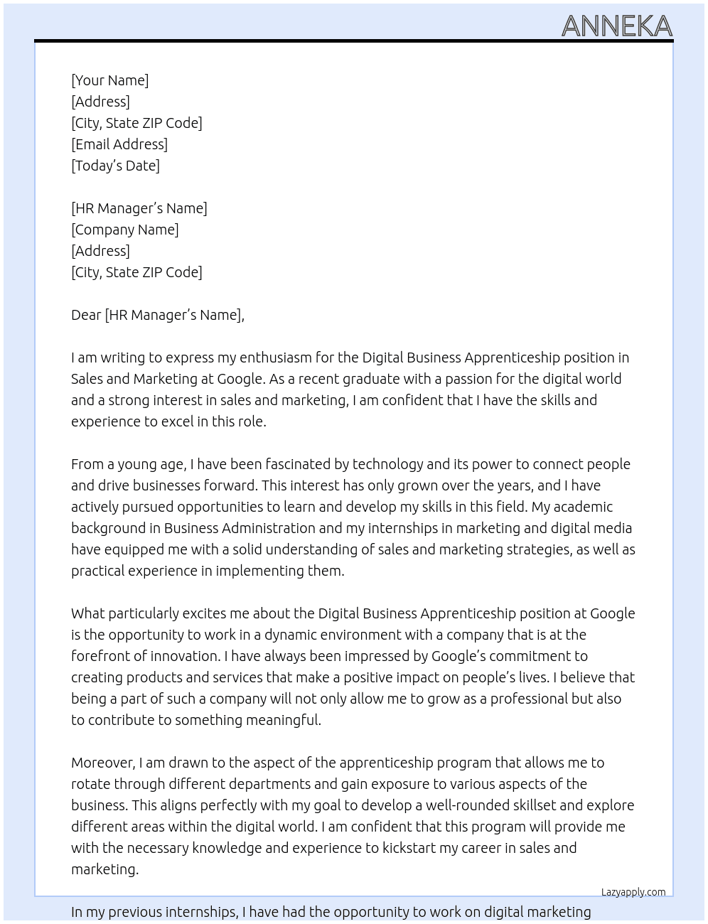 Cover letter for digital business apprenticeship, sales and marketing - LazyApply