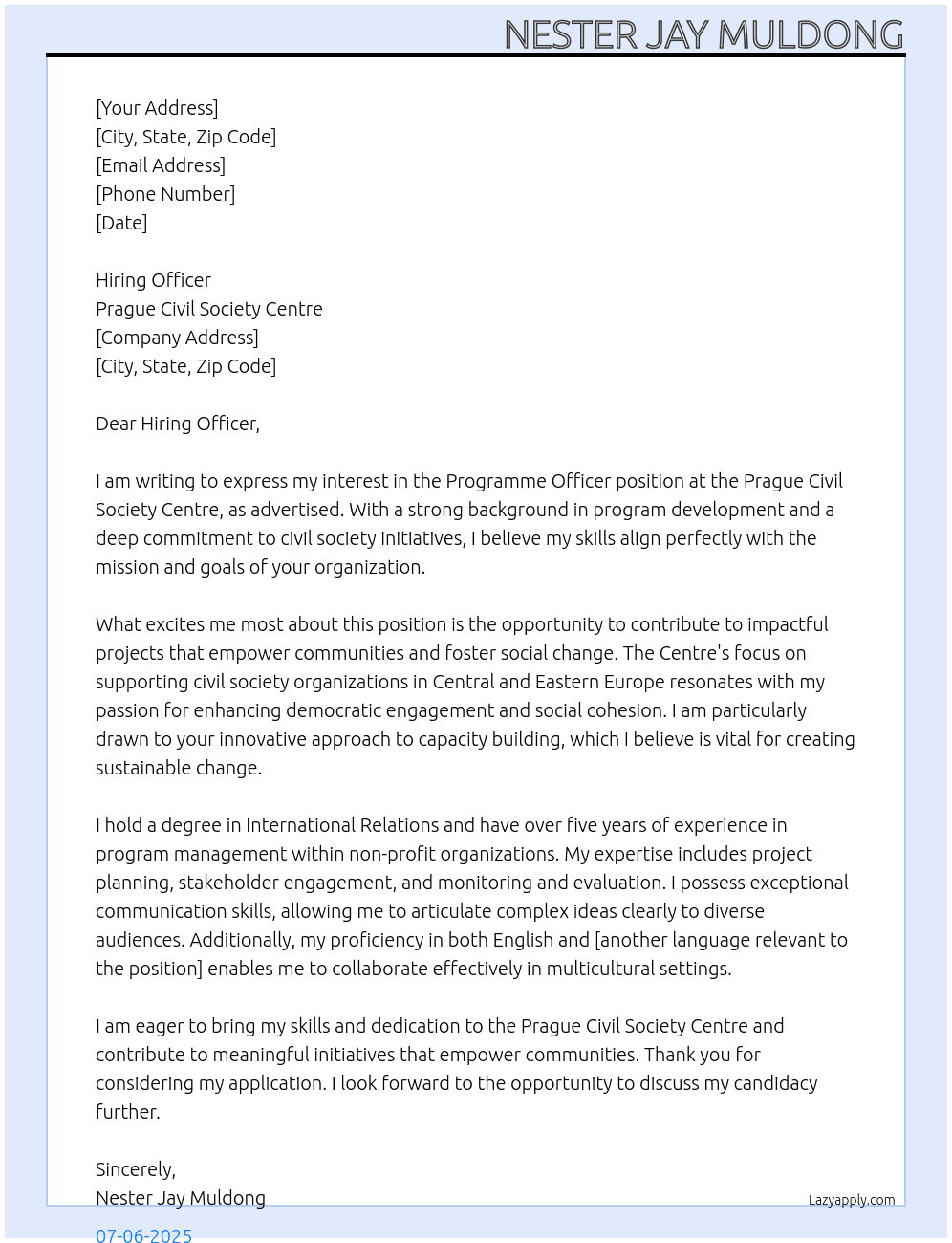 Programme Officer At Prague Civil Society Centre Cover Letter