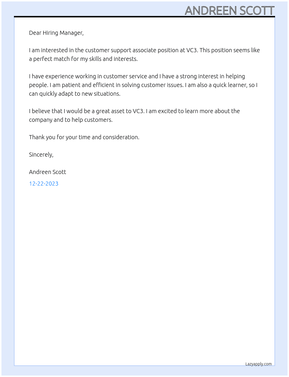 Customer support associate At VC3 Cover Letter