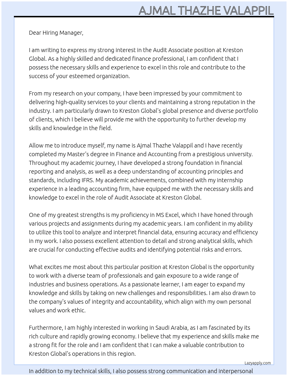Audit Associate At Kreston Global Cover Letter