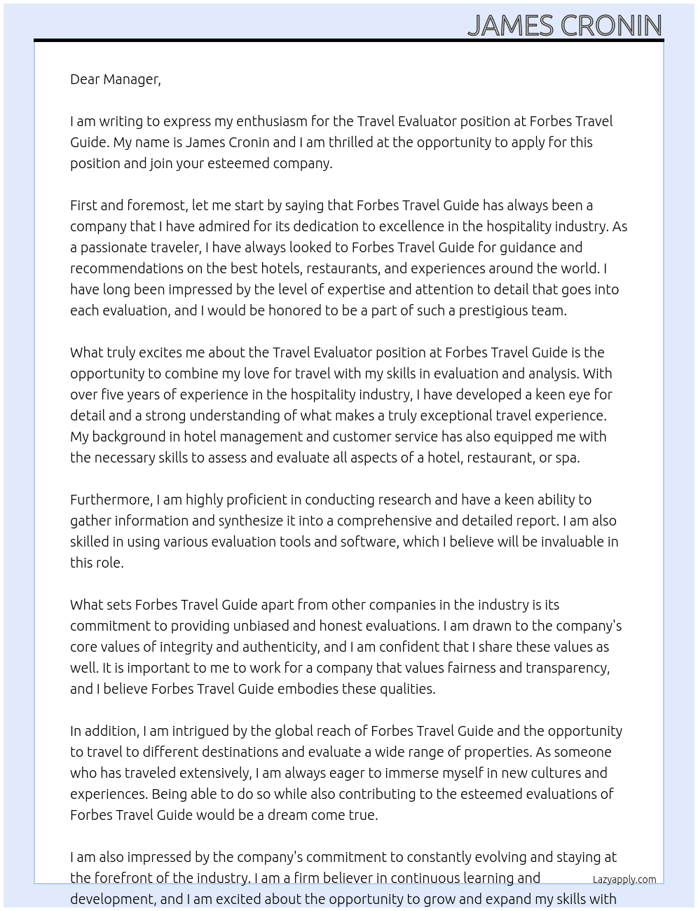 Travel Evaluator At Forbes Travel Guide Cover Letter