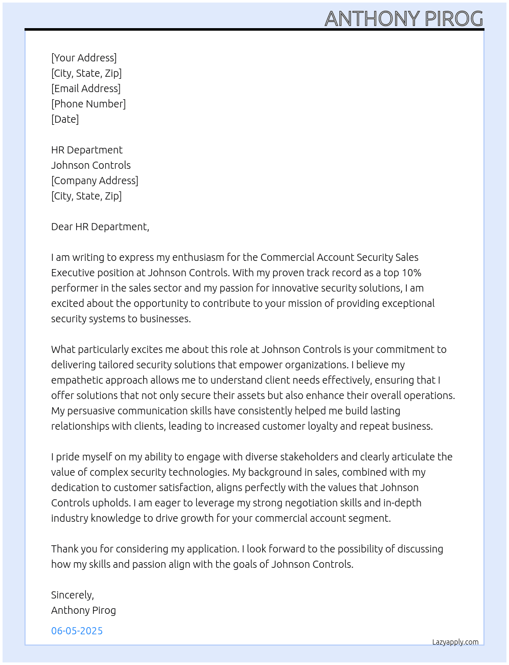 Commercial account Security Sales Exec At Johnson Controls Cover Letter