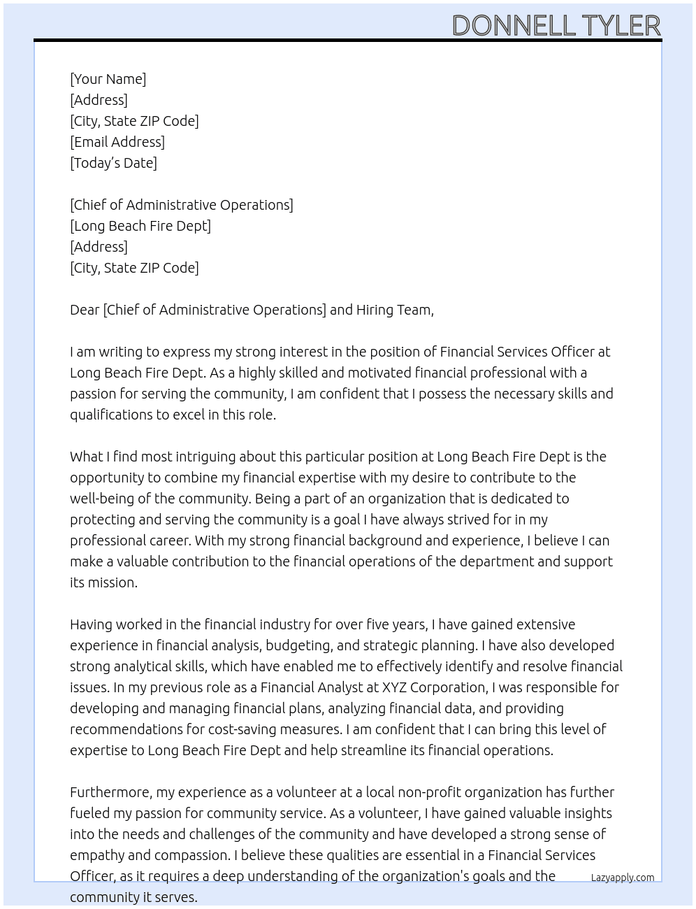 Financial Services Officer At Long Beach Fire Dept Cover Letter