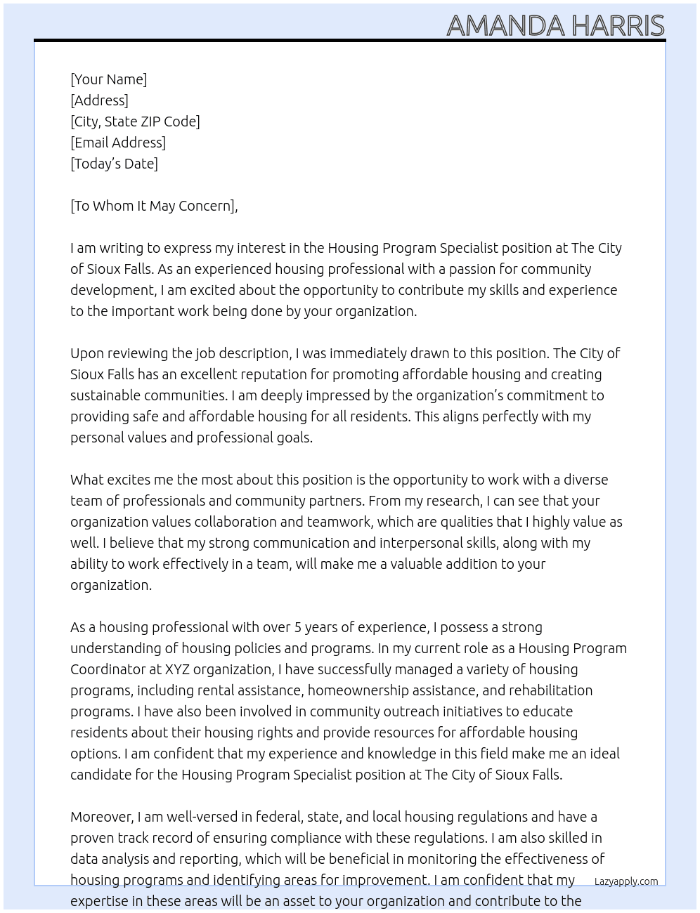 Housing Program Specialist At The City of Sioux Falls Cover Letter