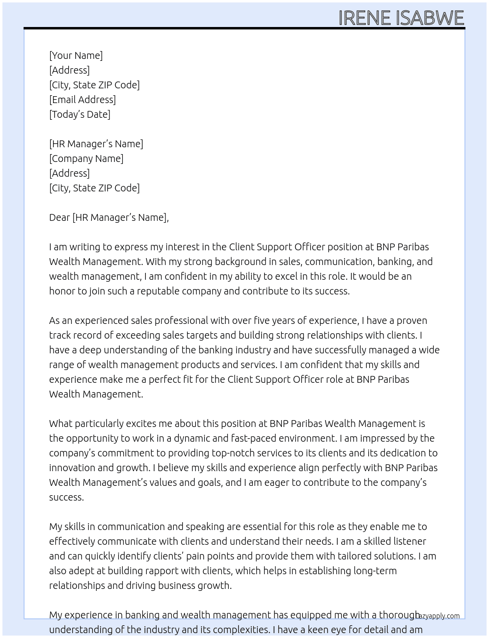 Client Support Officer At BNP Paribas Wealth Management Cover Letter