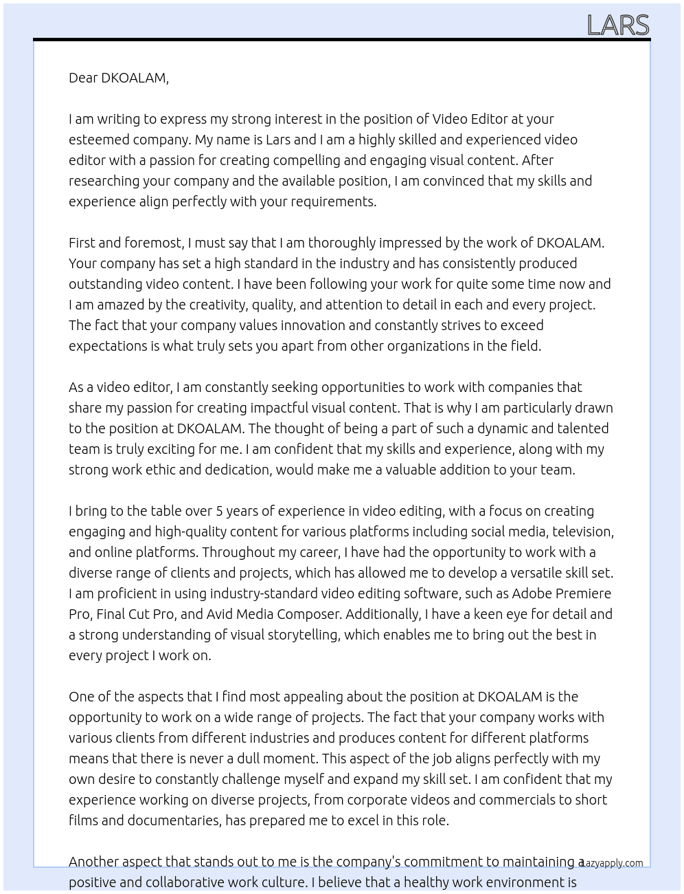 Video Editor At DKOALAM Cover Letter