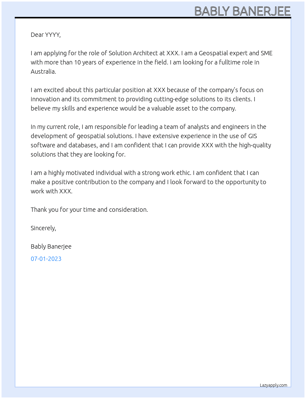 Solution Architect At XXX Cover Letter