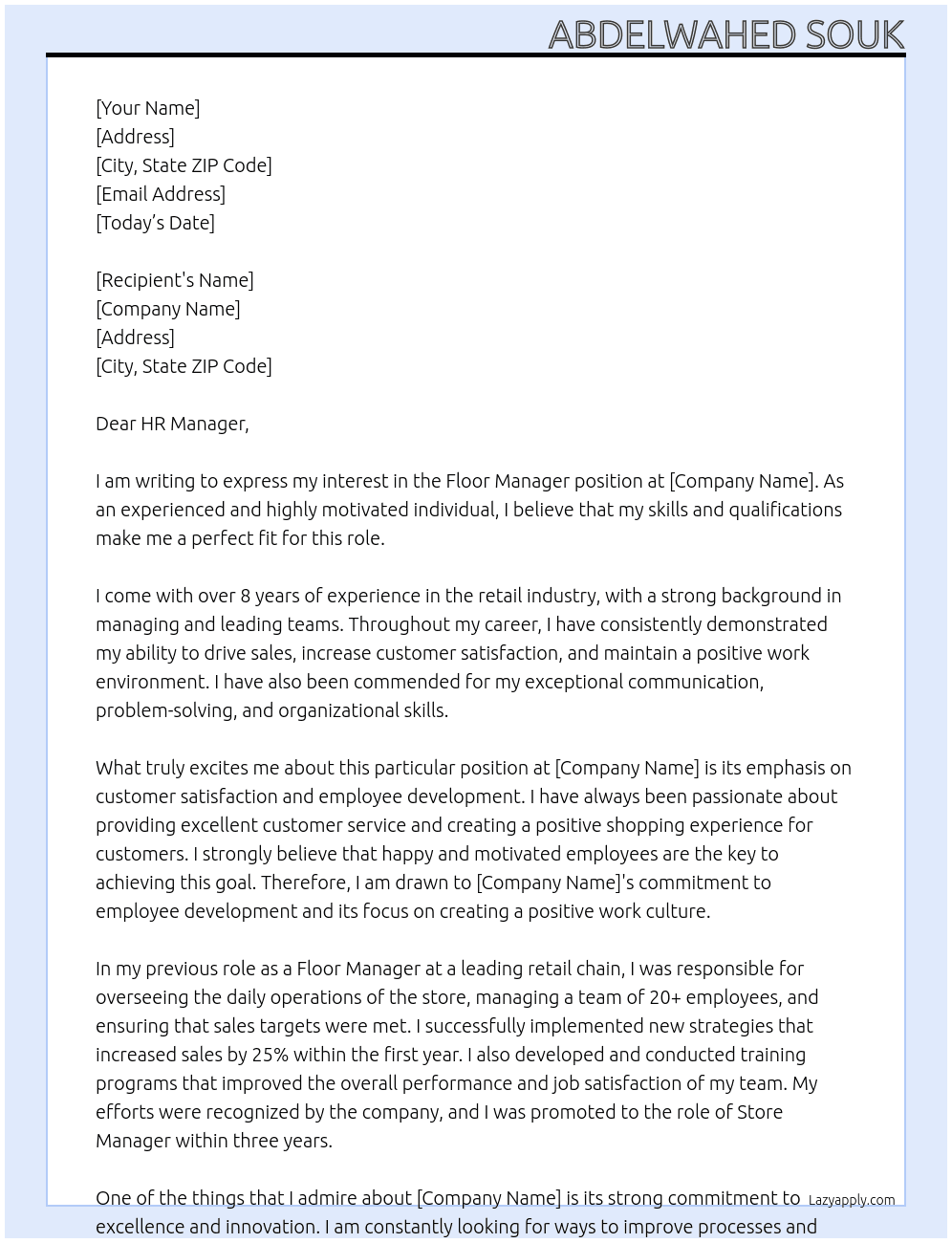 Floor Manager At NONE Cover Letter