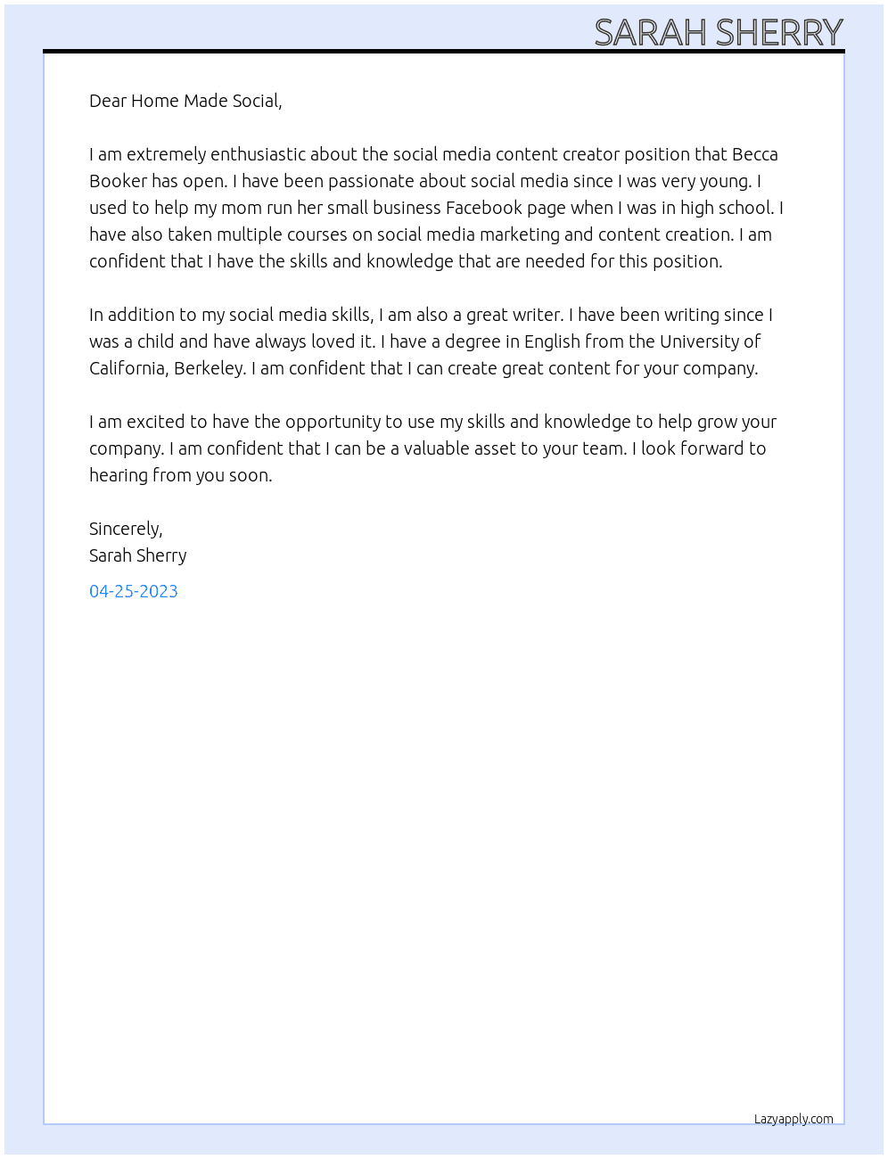 social media content creator At Home Made Social Cover Letter