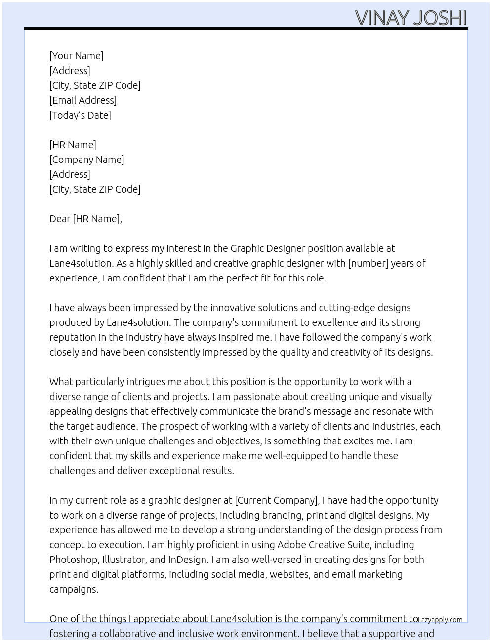 Graphic designer At lane4solution Cover Letter