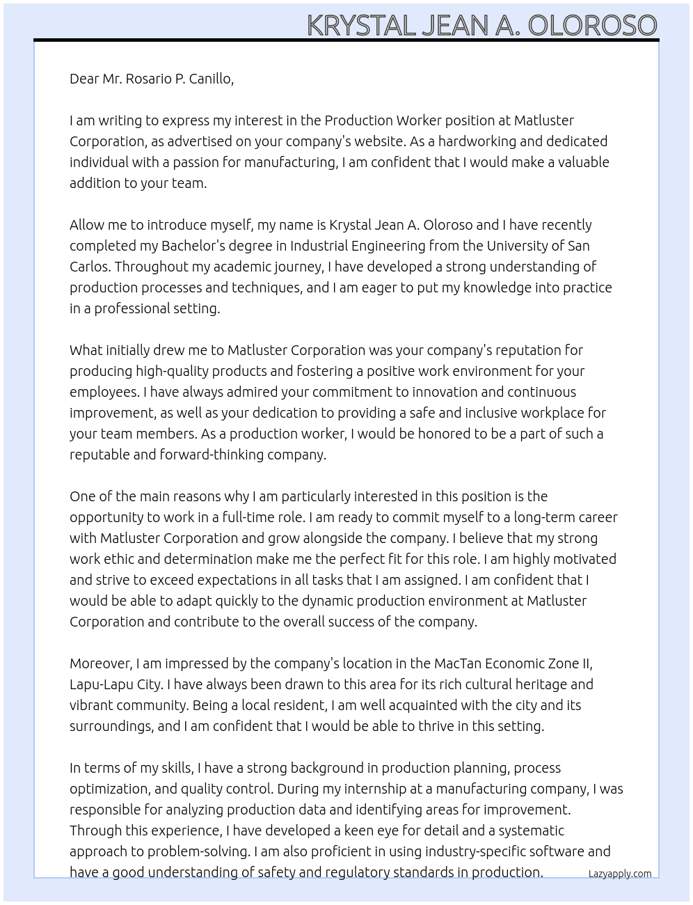 production worker At Matluster Corporation Cover Letter