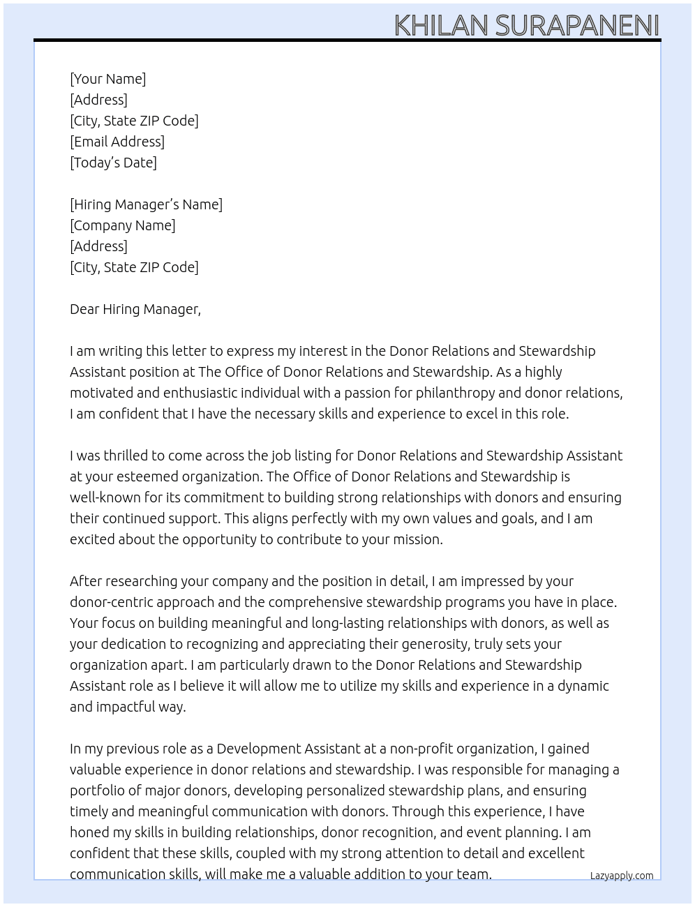 Cover letter for donor relations and stewardship assistant - LazyApply