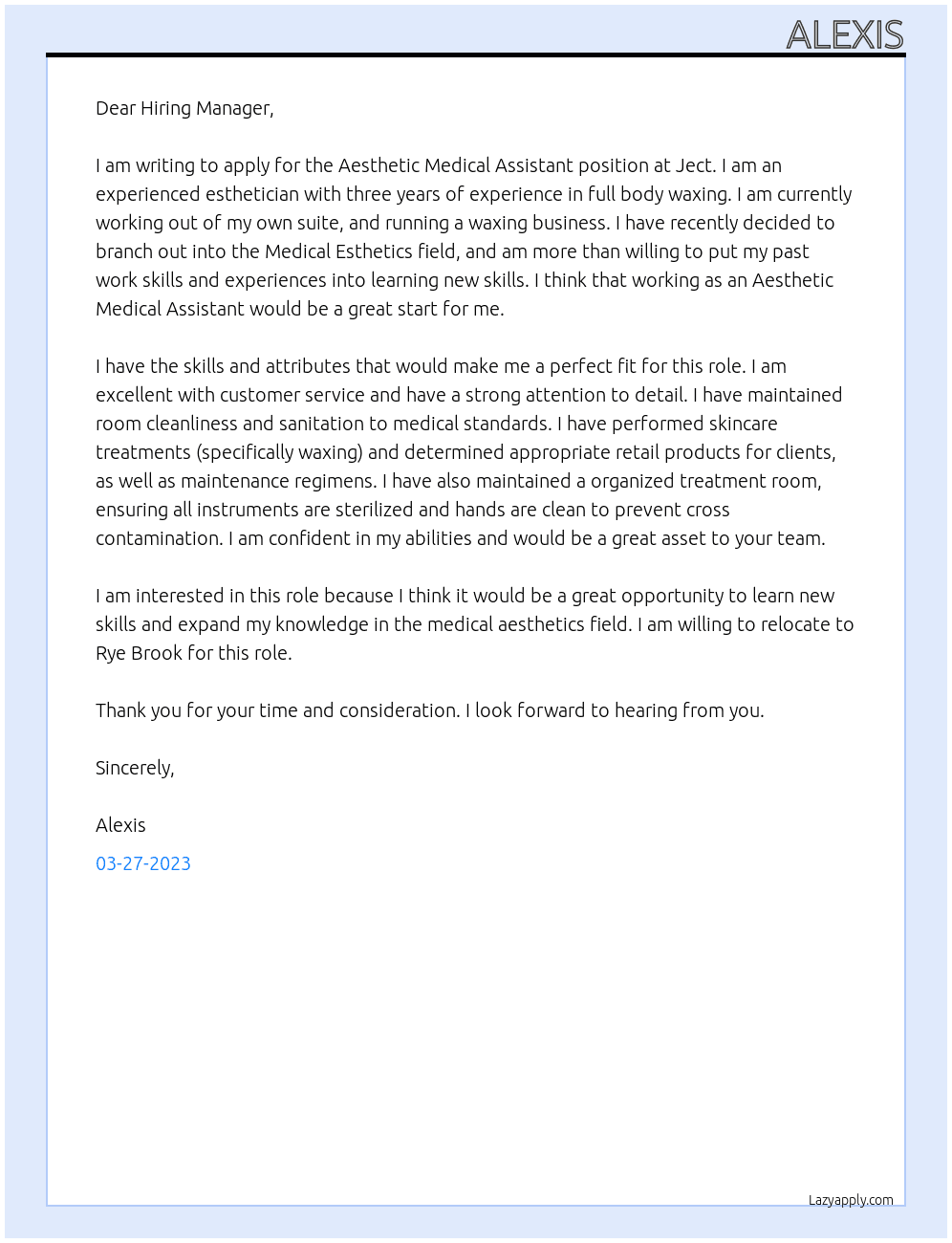 Aesthetic Medical Assistant At Ject Cover Letter